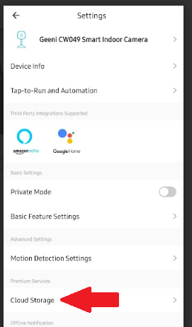 Settings 
cw049 smart Indoor camera 
Info 
lap-to-Run and 
Private Mode 
Basic Feature Setting 5 
Detection Settings 
Cloud Storage 